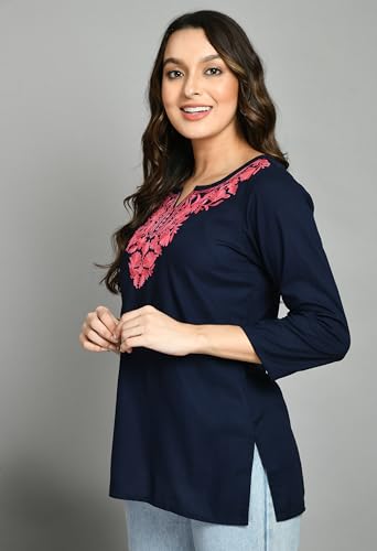 Image of QAZMI Short Kurti for Women| Embroidered Straight Rayon Cotton Kurta