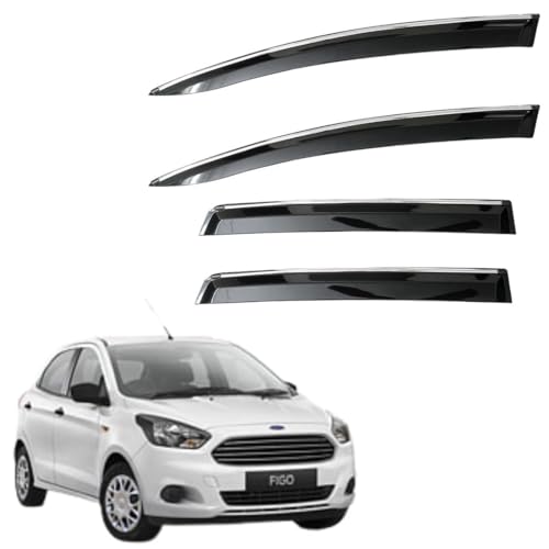 Image of CAR SAAZ Unbreakable Chrome Smoke Door Visor for Figo Type 2 & 3 (2015-2019) | Premium Sun, Rain Wind Deflector Chrome Strip Side Door Rain Visor - Set of 4 Pcs