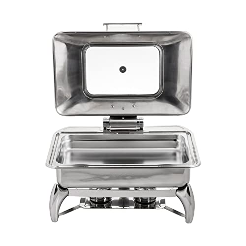 TableCraft 40161 Stainless Steel Induction Chafing Server, Polished Finish, Quick View Window, Vented, Slow Close Lid, Full Size 9 Qt, Rectangular, Ideal for Catering & Buffet