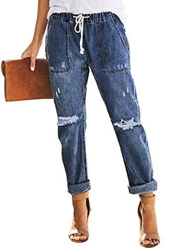 Womens Casual Pull-on Distressed Stretch Jeans Elastic Waist Jean Denim Joggers Pants