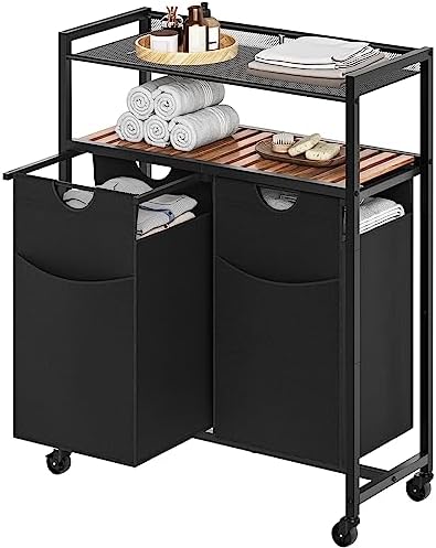 YATINEY Double Laundry Hamper with Wheels, Rolling Laundry Basket with Storage Shelf, Laundry Sorter with 2 Pull-Out and Removable Oxford Cloth Laundry Bags, 2 Shelves, Rustic Brown LS22BR
