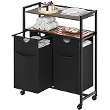 YATINEY Double Laundry Hamper with Wheels, Rolling Laundry Basket with Storage Shelf, Laundry Sorter