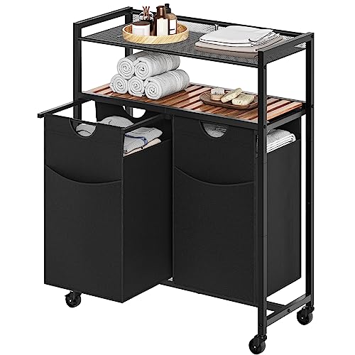 Yatiney Double Laundry Hamper With Wheels, Rolling Laundry Basket With Storage Shelf, Laundry Sorter With 2 Pull-Out And Removable Oxford Cloth Laundry Bags, 2 Shelves, Rustic Brown Ls22Br #TOP25