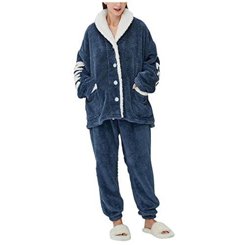 Conjunto de pijama de forro polar cálido para mujer, franela esponjosa y suave, con bolsillos, informal, holgado, para el invierno, azul marino, M