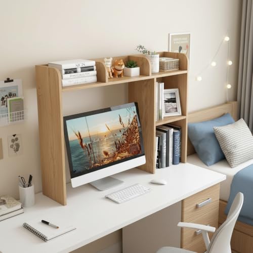 Image of Tangkula Desktop Bookshelf, Countertop Storage Hutch with 5 Shelves for Computer Desk, 3-Tier Display Rack, Multipurpose Wood Storage Organizer for Dorm Office Home