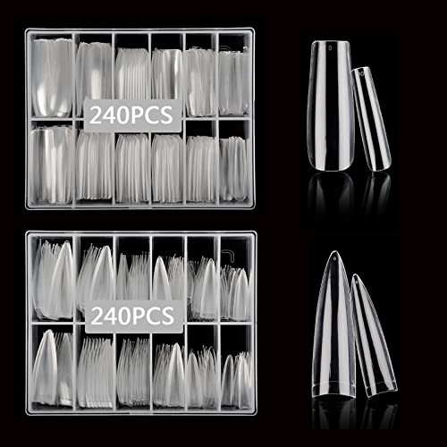 480PCS Clear Nail Tips for Acrylic Nails Professional, 2 Styles XL Long Stiletto Nail Tips and Straight Tapered Square Tips, 12 Sizes Acrylic Coffin Fake Nail Tips for Nail Salons Home