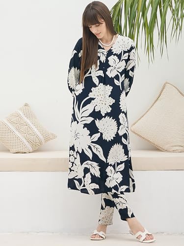Image of INDO ERA Women's White Pure Cotton Printed Straight Kurta & Pant Set (KS0WH6702)
