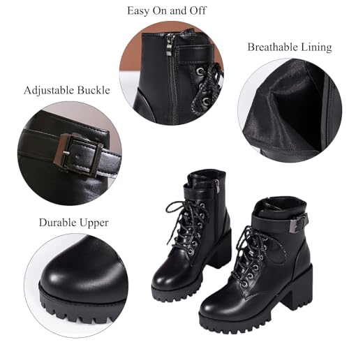 Optigard Women's Black Lace Up Chunky Heel Combat Boots Non-slip Lug Sole Side Zipper High Heel Ankle Boots with Buckle Strap Platform Goth Booties4