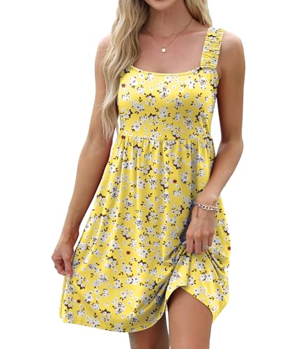 TIANZHU Sommerkleider für Damen Ärmelloses A-Linien-Minikleid mit Fließendem Peplum-Detail, Gelbe Blumen, XL
