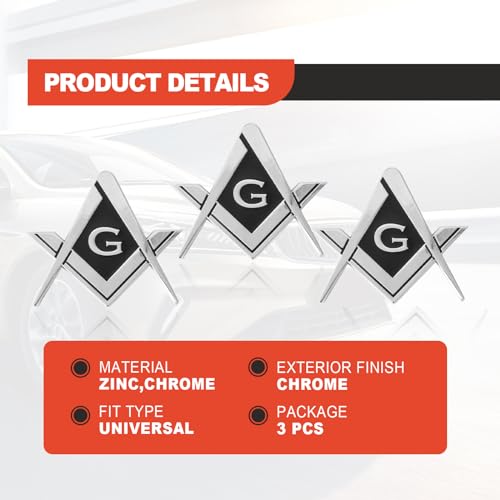 Image of 3 pcs Freemason Square and Compass Metal Decal Auto Emblem, 2.75 inch Chrome Plated Premium Auto Truck Motorcycle Decal Gift Decoration Accessories