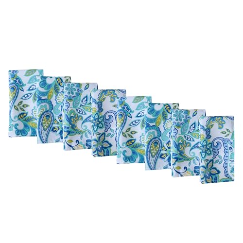Newbridge Set of 8 Fabric Napkins, Corfu Mediterranean Blue Paisley, Indoor Outdoor Stain and Water Resistant Heavy Weight Napkins, Shabby Chic Blue Floral