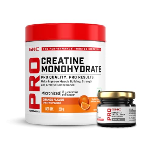 Image of GNC Pro Performance Pure Micronized Creatine Monohydrate with Free Shilajit | 250 gm & 10 gm Shilajit|Instantized | Fuels Muscles | Increase Muscle Mass | Rapid Absorption | Orange