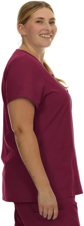 Plus Size Women's V-Neck Scrub Top Multi-Pocket Medical Uniform for Nurse, 4-Way Stretch, Spa