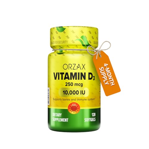 ORZAX Vitamin D3 10000 iu (250 mcg) – Non-GMO, Gluten Free, Sugar Free, Dairy Free – 120-Day Supply for Strong Muscle Function & Immune Support – Mood Supplement for Wellness (120 Softgel)