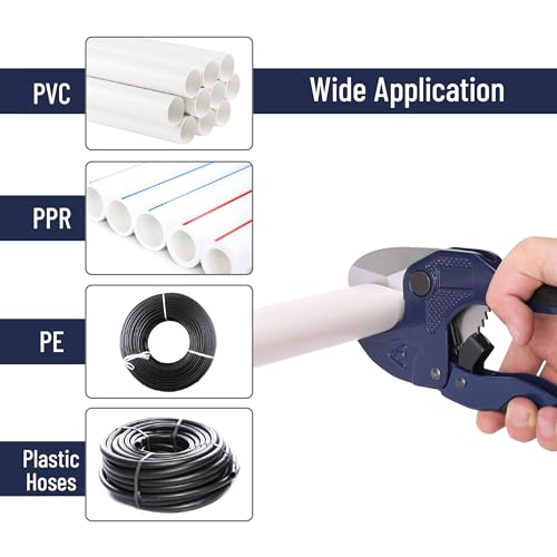 Image of Bates- PVC Pipe Cutter, Cuts up to 1-5 /8 inch, Ratchet Pipe Cutter, PEX Cutting Tool for Cutting PEX, PVC, PPR Plastic Hoses and Plumbing Pipes, Navy Blue