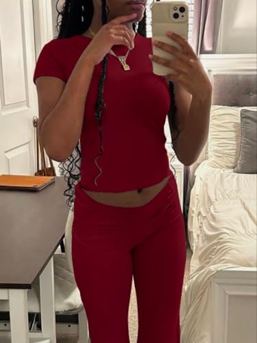 Image of AYWA Women's 2 Piece Lounge Sets Short Sleeve Crop Top Foldover Flare Pants Casual Pajama Outfits