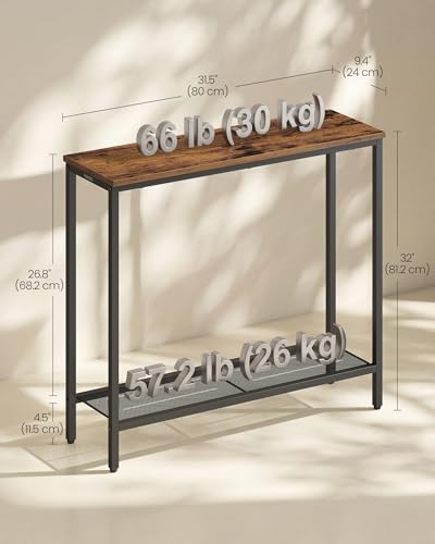 Image of VASAGLE 31.5 inch Console Table, Narrow Behind Couch Table, 2 Tier | BARNET Collection, One Piece Top, Steel Frame, for Entryway, Living Room, Modern, Rustic Brown and Ink Black ULNT036KD01S