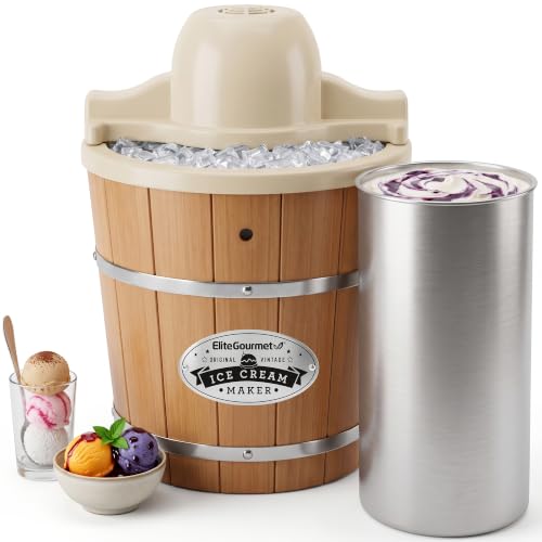 Elite Gourmet EIM924LX - Máquina eléctrica para hacer helados de madera de los Apalaches vintage de 4 cuartos con forro a prueba de fugas, utiliza hielo y sal de roca en minutos, crema