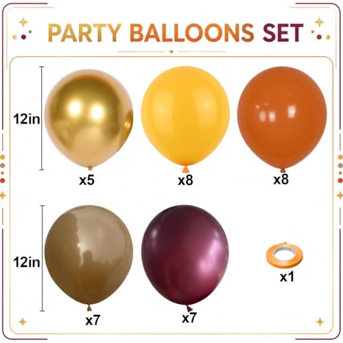 Image of Fall Balloons, 12Inch Orange Yellow Brown Burgundy and Gold Balloons for Autumn Harvest Happy Thanksgiving Baby Shower Birthday Party Decorations