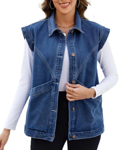 Ladyful Womens Oversized Denim Vest Long Jean Vest Top Utility Button Down Sleeveless Jean Jacket with Pockets