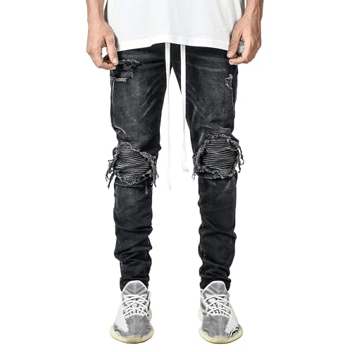 Slim Fit Jeans for Men Men's Distressed Moto Biker Jeans Ripped Zipper Denim Pants Hip Hop Tapered Leg Slim Fit Jean