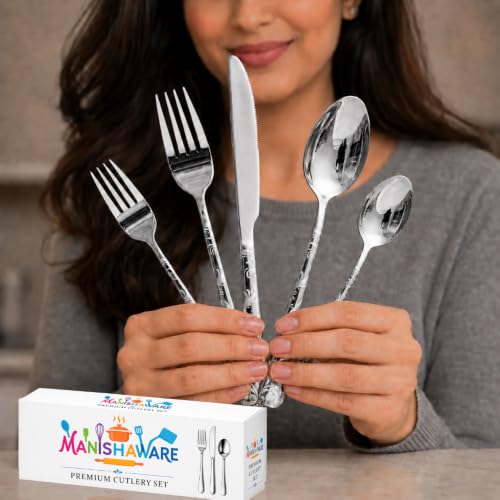 Image of Floral Silver 5 Pcs Stainless Steel Cutlery Set for Dining Table, Dishwasher Safe Glossy Flatware (1 Spoon Set+1 Forks Set+1 Butter Knife+1 Dessert Spoon+ 1 FruitFork)