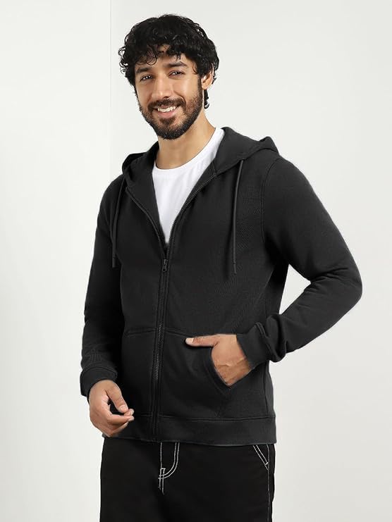 Image of Cotton Fleece Full Sleeve Regular Fit Hooded Neck Zipper Jacket for Men