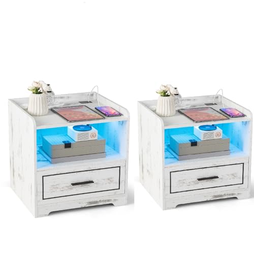 COSTWAY Mesa de Noche LED, Mesita de Noche Inteligente con 1 Puerto USB y 1 Type C, Estante y Cajón, 3 Colores de Luz, Iluminación Ajustable, Inducción del Cuerpo Humano, 45 x 40 x 50cm (2, Blanco)