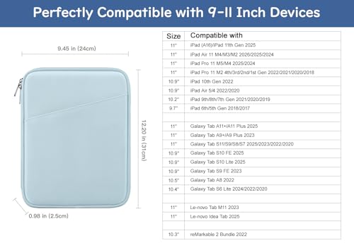 Image of Dadanism 9-11 inch Tablet Sleeve Bag Carrying Case for iPad (A16) 11th Gen 11 inch, iPad 10th Gen 10.9 inch Air 5 /4, iPad Air M4 /Pro 11 inch, iPad 9 /8 /7th, Galaxy Tab A11+ Plus 11 inch, Remarkable 2 10.3 inch, Milk Blue