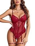 Avidlove Lingerie for Women Sexy Lace Bodysuit Deep V Teddy Lingerie One Piece Mini Babydoll Wine Red Small