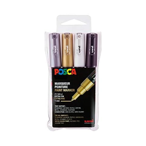 Posca - Uni Mitsubishi Pencil - 4 marcadores metálicos PC1MC - Posca Punta cónica extra fina - Marcadores de pintura a base de agua Cover