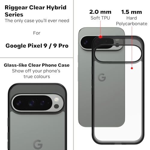 Image of RIGGEAR Shockproof Clear Hybrid Armor Back Cover Case for Google Pixel 9 / Pixel 9 Pro (Clear-Black Bumper and Transparent PC)
