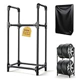 EXLECO Reifenständer 4 Reifen, 57x37x114cm Reifenregal mit Schutzhülle, Felgenbaum für Autoreifen, Werkstattregal, Garage Reifenhalter, Felgenständer, Schwarz Beschichteter Stahl, Tragkraft 200 kg