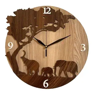 MADHULI Wooden MDF Wall Clock, Tree with Elephant Design Home Decor Stylish Wall Hanging Watch Designer Wall Clock for Home Decoration, Living Room, Bedroom, Office (30 x 30 CM)