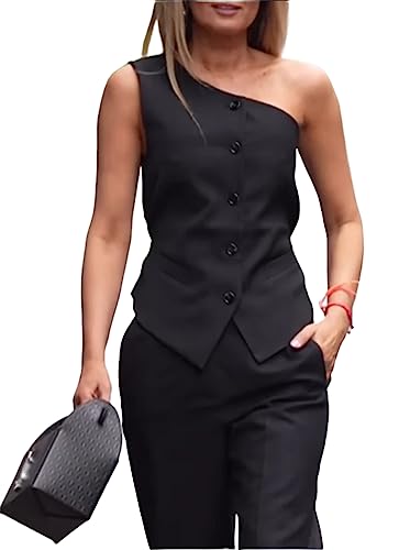 Chic Women's Black One Shoulder Vest Suit by Mi Bo Tong - Elegant Urban Style for Every Occasion