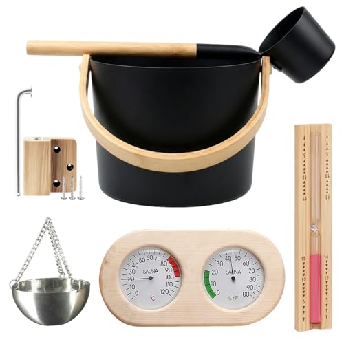 Large 7 Litre Aluminum Sauna Bucket Set with Ladle Essential Oil Diffuser Bowl sand clock& Thermometer/Hygrometer Kit - Steam Room Accessories for Hydrotherapy Home Spa and Wellness Retreats