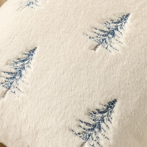 Image of MIULEE Christmas Decorative Faux Fur Pillow Covers 18x18 Inch Beige Blue | Set of 2, Embroidered Christmas Tree Throw Pillows, Winter Couch Covers, Festive Home Decor for Sofa Bedroom Living Room