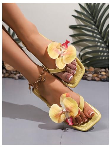 Image of GORGLITTER Women's Flower Flat Sandals Cute Square Toe Flip Flops Thong Dressy Vacation Summer 2026 Slides Shoes