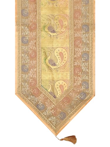 Image of Banarasi Brocade Zari Silk Table Runner Dinning & Centre Table Runner 177 By 30 CM (Beige, Peacock)