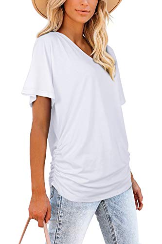 Image of WIHOLL Womens Summer T-Shirts Short Sleeve V Neck Dolman Tops with Side Shirring Loose Fit Shirts Spring Fashion