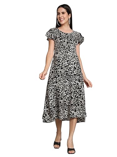 Image of Dream Beauty Fashion Women's Polyester Printed A-line Round Neck Bell Sleeve Knee-Long Dress (Elora-Dress-01)