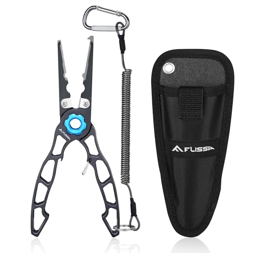 FLISSA Pinza da Pesca Multifunzione Ultraleggera in Alluminio con Testa in Titanio e Lame in Tungsteno, con Cordino Antismarrimento e Fodero, Ideale per Pesca in Mare e in Acqua Dolce