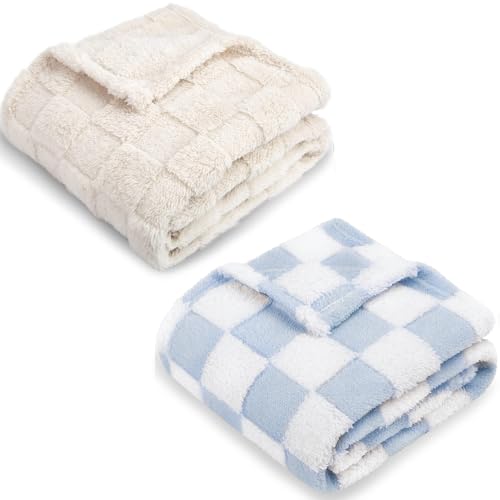 Image of HOMRITAR 2 Pack Baby Blanket for Boys or Girls 3D Gingham Fleece Baby Blanket+ Checkered Toddlers Blanket 30 x 40 Inch