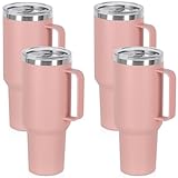 4 Pack 40 Oz Tumbler with Handle and Straw, Stainless Steel Double Wall Vacuum Insulated Cup, 40 OZ Travel Coffee Mug Bulk with Silicone Water Bottle Boot(Pink)