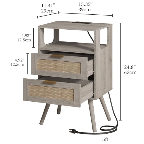 Image of JOONEE Rattan Nightstand with Charging Station,Farmhouse Bedside Table with 2 Storage Drawer and Open Wood Shelf, for Bedroom and Small Spaces,Night Stand with Solid Wood Legs (Grey Oak-Outlet)