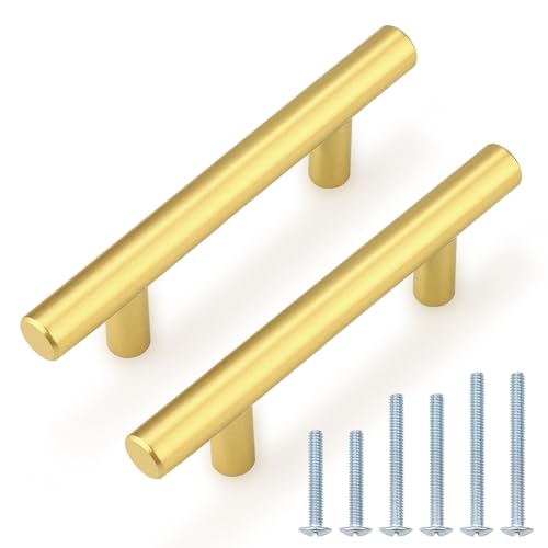 Image of Probrico 5 Pack 3 Inch Center-to-Center Kitchen Cabinet Pulls T Bar Gold Cabinet Handles Modern Drawer Hardware Dresser Pulls, 5 Inch Total Length