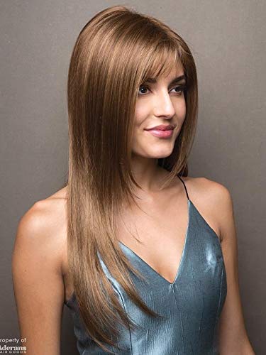 Robin Wig Color Almond Spice Rooted - Noriko Wigs 25" Long Layered Mid-Back Sleek Straight Wispy Bang Synthetic Average Cap Bundle MaxWigs Hairloss Booklet