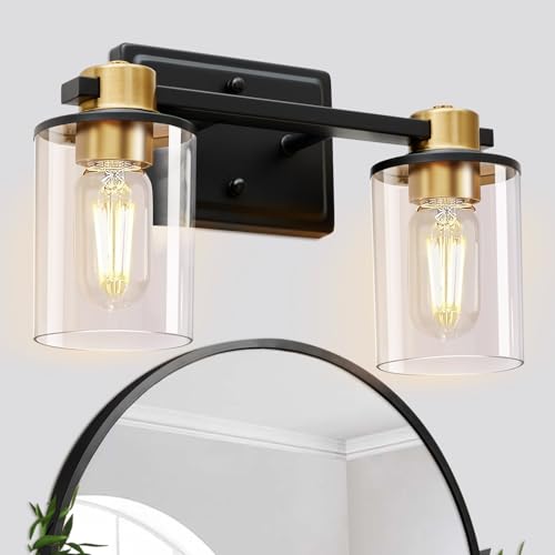 Image of Bathroom Light Fixtures Over Mirror, Gold&Black Vanity Light, Modern Vanity Lights with Clear Glass Shade, Bathroom Light Fixtures with Anti-Rust Metal Frame for Bedroom Washroom Living Room E26 Base