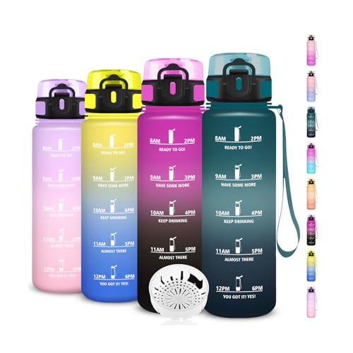 Bouteille, Gourde 1l, Gourde Sport avec Filtre, Facile à Transporter, Bouteille Motivation avec Marqueur de Temps, Facile à Nettoyer, pour Running, Voyage,...