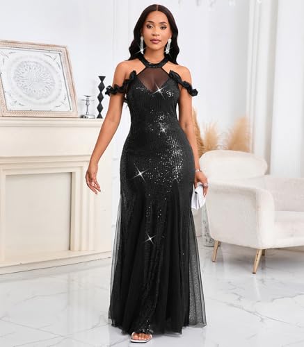 Image of Cololura Women Sexy Sequin Halter Neck Short Sleeve Mesh Perspective Party Bodycon Evening Cocktail Maxi Dress